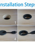 Installation steps of Six Pack Desk Grommet Hole Saw Kit 50 mm Bi-Metal with drill bit, hex key, cable sleeve, and six desk wire grommets.