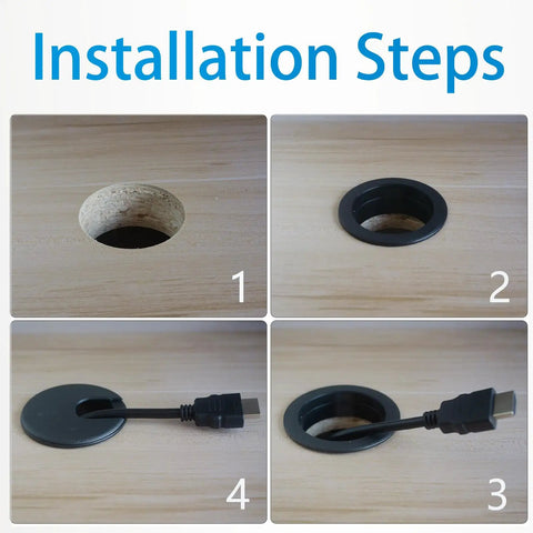 Installation steps of Six Pack Desk Grommet Hole Saw Kit 50 mm Bi-Metal with drill bit, hex key, cable sleeve, and six desk wire grommets.