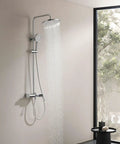 RIBEUJIZS Shower System, 10inch/25cm Round Rain Shower Set with waterfall faucet in modern bathroom setting.