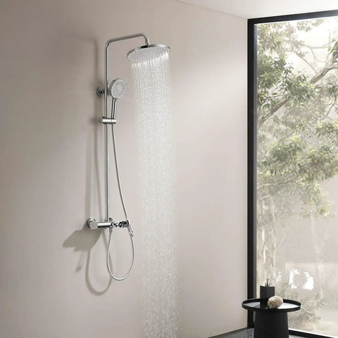 RIBEUJIZS Shower System, 10inch/25cm Round Rain Shower Set with waterfall faucet in modern bathroom setting.