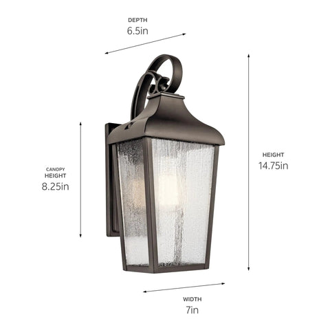Forestdale 14.75 Inch One Light Outdoor Wall Lantern With Clear Seeded Glass In Olde Bronze Finish, Vintage Rain Cascade Style To Boost Curb Appeal Today, dimensions marked