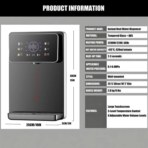 Wall Mounted Instant Hot Water Dispenser With 2200W Power And 13 Temperature Settings Plus 6 Water Volume Levels, Child Lock Safety