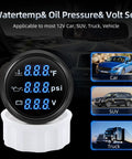 ARTILAURA 2-inch triple gauge front view with blue backlight for oil pressure, water temp, voltmeter, sensor