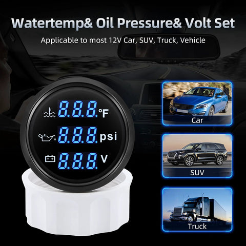ARTILAURA 2-inch triple gauge front view with blue backlight for oil pressure, water temp, voltmeter, sensor