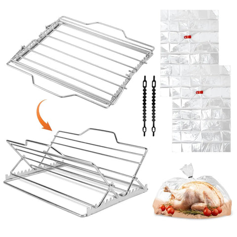 Adjustable Chicken and Turkey Roasting Rack With Foldable Stainless Steel V Shaped Stand Nonstick Surface Grill Ready 7 Height Settings For Birds Up To 18 Pounds And Roasts Ideal For Indoor Ovens And Outdoor Grills