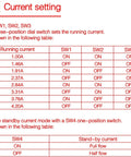 DM542 CNC stepper driver current-setting page showing SW1–SW3 running current table and SW4 standby settings