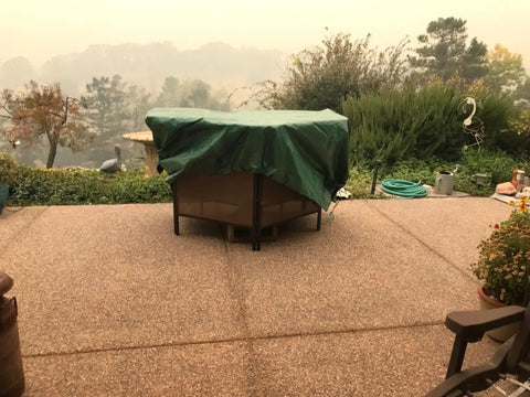 Drawstring 9x9 Tarp For Leaves And Outdoor Use With Cinch Bag Easy Cleanup Heavy Duty Cover Tarp protecting patio furniture