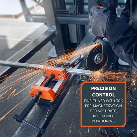 VersaMag Magnetic Vise Set With Two Rotor System clamping metal piece with sparks, showing strong 1,754 lbs holding force.