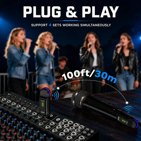 2.4GHz Wireless XLR Mic System With Plug-And-Play Setup, Auto Pairing for Live Sound and Streaming, shown in use on stage