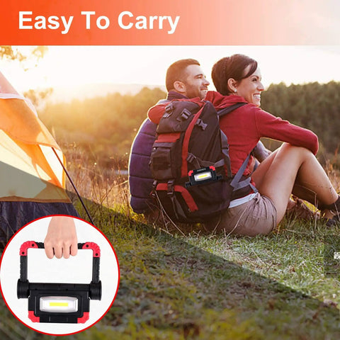 Portable LED Work Light With USB Rechargeable Power Waterproof 360 Degree Rotating Folding Stand Dual COB Flood Lights 2000LM attached to backpack