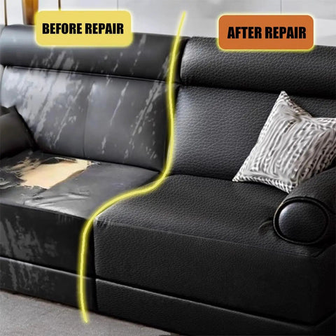 Before and after repair image of sofa using Self Adhesive Leather Tape For Car Seats And Furniture Repair Quick Fix Patch.