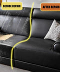 Self Adhesive Leather Repair Patch Tape For Car Seats And Couches Quick Fix For Couch Upholstery Solid Grip Waterproof And Scratch Resistant PU Leather Tape In Royal Blue applied on black couch showing before and after repair.