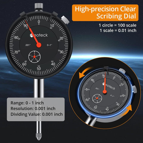 Neoteck dial indicator, 1in range, 0.001in resolution, black dial with red pointer; front view with installed inset
