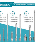 Heavy Duty Wobble Extension Set 9pc CrV Chrome Plated With EVA Storage Tray displayed in three drive sizes and lengths.
