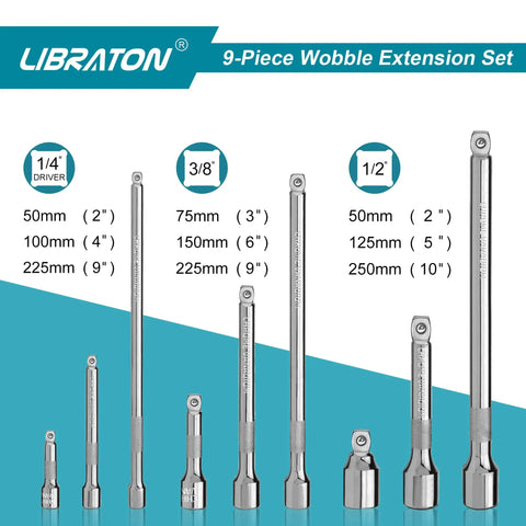 Heavy Duty Wobble Extension Set 9pc CrV Chrome Plated With EVA Storage Tray displayed in three drive sizes and lengths.