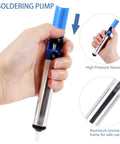 Hand holding a Desoldering Wick Solder Braiding 2.5mm Width 1.5m Length with Solder Sucker Vacuum Pump, Blue handle, metal body.