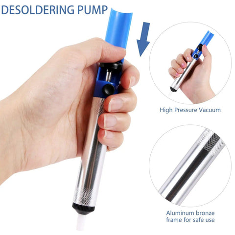 Hand holding a Desoldering Wick Solder Braiding 2.5mm Width 1.5m Length with Solder Sucker Vacuum Pump, Blue handle, metal body.