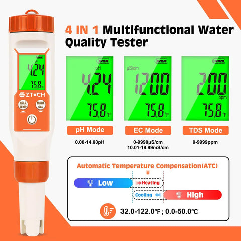 4 In 1 Water Quality Meter With PH EC TDS And Temperature For Home Use Portable Tester shown with backlit display and modes.