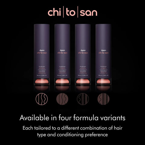 Four Chitosan Pre Style Cream for Straight to Wavy Hair variants, each 100ml, highlighting different formulas for styling and conditioning.