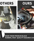 Comparison of universal 18-inch rubber brake hose installation on vehicle; flexible hydraulic line with 3/8-24 fittings shown.