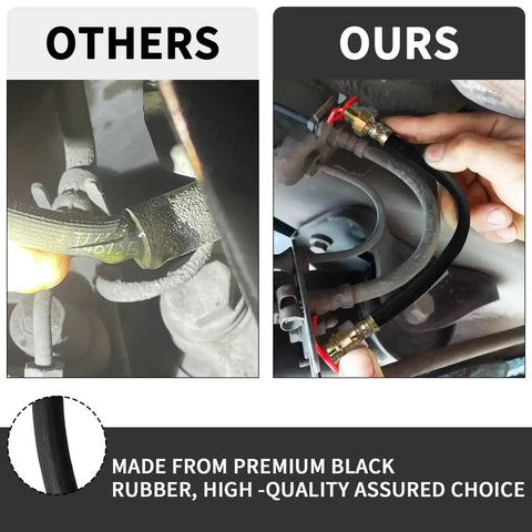 Comparison of universal 18-inch rubber brake hose installation on vehicle; flexible hydraulic line with 3/8-24 fittings shown.