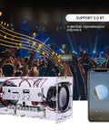 DIY Bluetooth Speaker Kit With USB Mini Stereo Amplifier Soldering Kit LED Lights Transparent Case showcased on a stage with phone