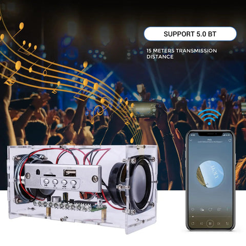 DIY Bluetooth Speaker Kit With USB Mini Stereo Amplifier Soldering Kit LED Lights Transparent Case showcased on a stage with phone