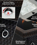 Close-up details of 44 Inch Outdoor Propane Fire Pit Table With 50,000 BTU Heat, showing control knob, glass rocks, and resin wicker finish.