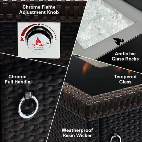 Close-up details of 44 Inch Outdoor Propane Fire Pit Table With 50,000 BTU Heat, showing control knob, glass rocks, and resin wicker finish.