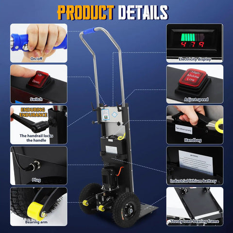 Heavy Duty 1200W Electric Stair Climber Trolley That Hauls Massive Loads Up Steps Like A Boss With Rust Resistant Stainless Steel Deck For Tough Job Sites detailed controls and features display.