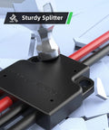 Solar Y Connector 4 To 2 Parallel Adapter for solar panels in use, displaying sturdy black splitter and red/black cables on splintered surface
