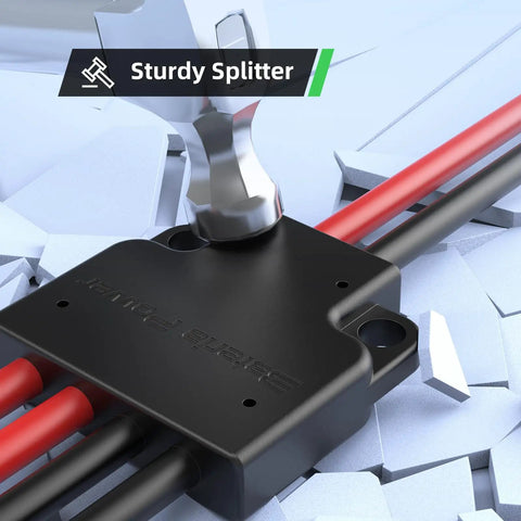 Solar Y Connector 4 To 2 Parallel Adapter for solar panels in use, displaying sturdy black splitter and red/black cables on splintered surface