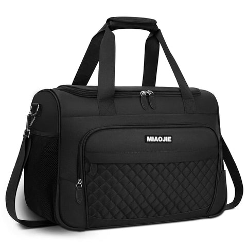 Underseat Duffle Bag For Women Ultra Lightweight Foldable Carry On Luggage Ideal Weekender Or Overnight Tote Personal Item For Air Travel Fits Under Seat 16 Inch Black with quilted front pocket and adjustable strap