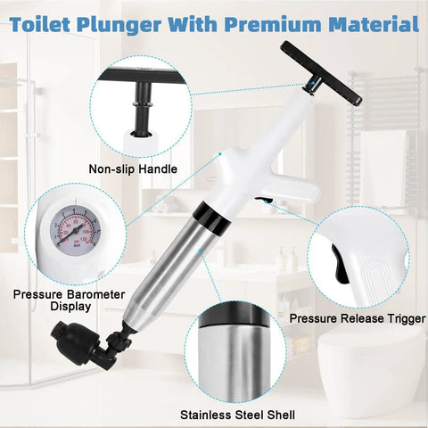 Clear Out Messy Blockages No Sweat With This Rechargeable Electric Plunger Built For Toilets Sinks And Floor Drains Plus An Ergonomic Grip. Features non-slip handle, pressure barometer display, and stainless steel shell.