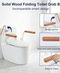 Hella Strong Toilet Safety Rails For Seniors With Badass Flip Up Armrests And Built Like A Truck Carbon Steel Frame, Tight Adjustable Grab Bar Setup For Bathroom Security, Brown Finish, featuring a solid wood folding grab bar.