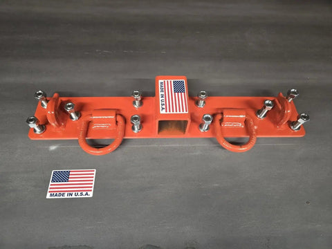 Heavy Duty Bolt-On Chain Hooks And D Rings Receiver Towing Hitch Kit For Farm Utility Tractors 4 Inch By 22 Inch Includes All Mounting Hardware Made In USA Orange Powder Coated, displayed with USA flag label.