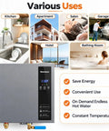 Heavy Duty 27KW Electric Tankless Water Heater With 240V Input And 7.4 GPM Throughput in various settings like kitchen, salon, and garage.
