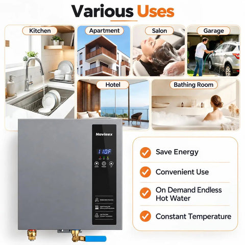 Heavy Duty 27KW Electric Tankless Water Heater With 240V Input And 7.4 GPM Throughput in various settings like kitchen, salon, and garage.