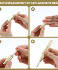 Workhorse 5 Inch Automatic Center Punch Pair showing hands replacing heads, stainless steel metal marker tool for machinists.