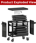 Exploded view of Rolling Tool Chest With Wheels For Garage Or Workshop showing 7 drawers, pegboard, and steel construction.