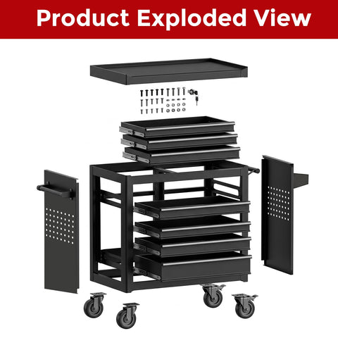 Exploded view of Rolling Tool Chest With Wheels For Garage Or Workshop showing 7 drawers, pegboard, and steel construction.