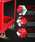 Close-up of red Three Tier Rolling Tool Cart With Side Hooks On Wheels Heavy Duty Metal Utility Cart With 330 Lbs Capacity features