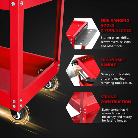 Close-up of red Three Tier Rolling Tool Cart With Side Hooks On Wheels Heavy Duty Metal Utility Cart With 330 Lbs Capacity features