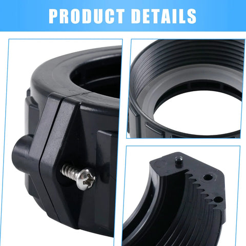 2-inch spa heater split-nut union in black plastic with screws and gasket; front, side, and close-up views.