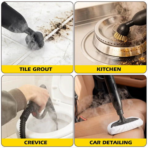 Hella Powerful 1500W Steam Cleaner With 36 Piece Attachment Kit And 1.5L Tank used on tile grout, kitchen surfaces, crevices, and car detailing.