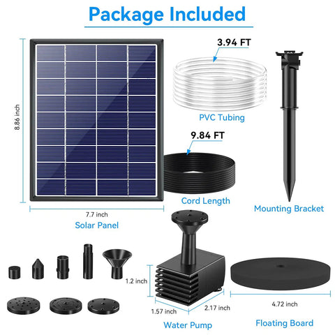 Components of 6W Outdoor Solar Bird Bath Fountain Pump With 4Ft Tubing And 5 Nozzles, DIY Solar Water Pump with Glass Panel Upgrade.