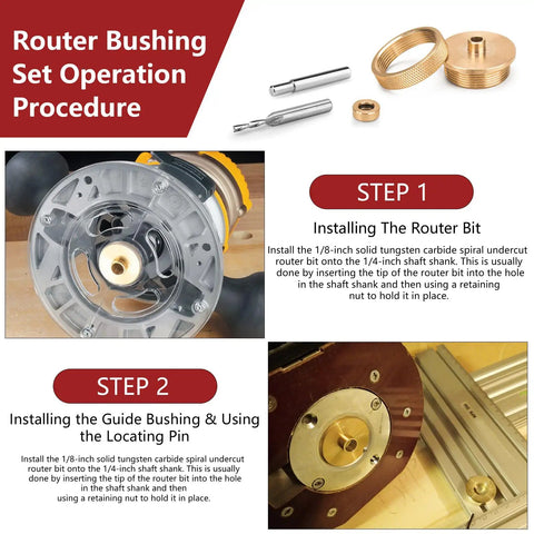 Inlay Bushing Kit 9500 Replacement For Solid Brass Router Inlay Kit setup steps with router bit and bushing components