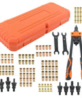 Top Rated 14 Inch Rivnut Tool Kit Includes 7 Metric And Inch Mandrels Plus 70 Piece Assortment Set Of Rivnuts For Heavy Duty Metal Fabrication And Fastening Jobs That Get The Job Done Right. orange case, rivnut tool, mandrels, and threaded inserts laid out