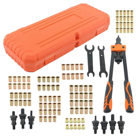 Top Rated 14 Inch Rivnut Tool Kit Includes 7 Metric And Inch Mandrels Plus 70 Piece Assortment Set Of Rivnuts For Heavy Duty Metal Fabrication And Fastening Jobs That Get The Job Done Right. orange case, rivnut tool, mandrels, and threaded inserts laid out