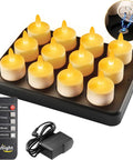 Rechargeable Tea Lights With Remote 100 Hour Flicker Waterproof LED Candles For Centerpieces Yellow 12 Pack USB Charging Tray